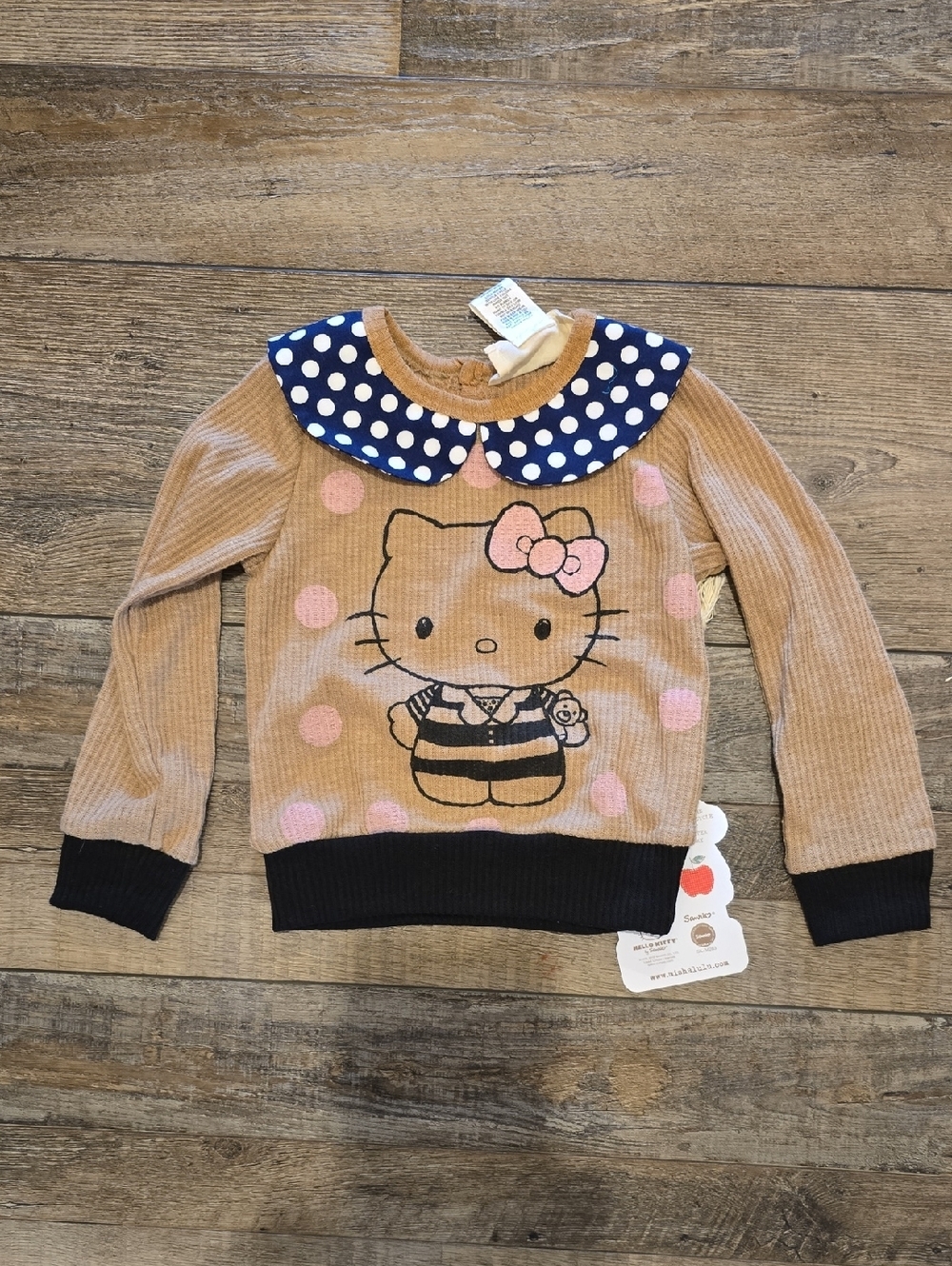 Hello Kitty Tan Corduroy Sweater with Navy Polka Dot Collar and Pink Accents